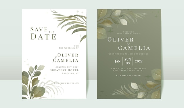 Watercolor greenery wedding invitation card template set