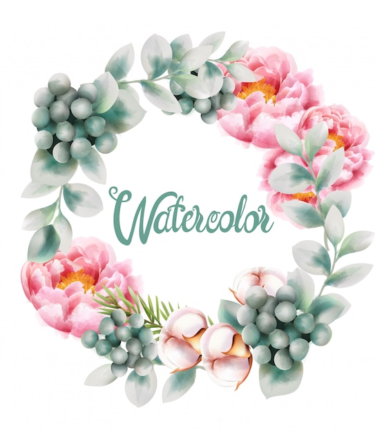 Watercolor greeting card wreath flowers