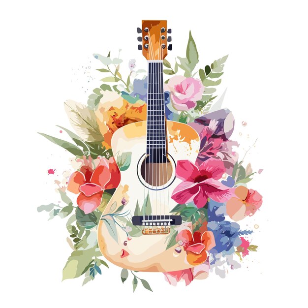 Vettore illustrazione floreale di chitarra ad acquerello