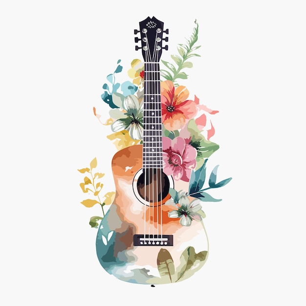 Vector watercolor guitar floral illustration