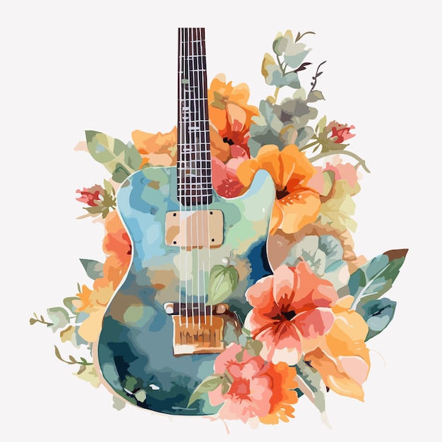 Watercolor guitar floral illustration