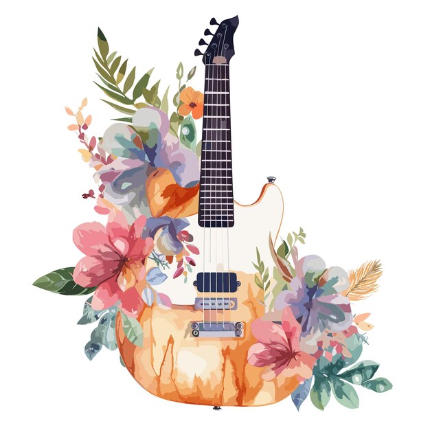 Illustrazione floreale di chitarra ad acquerello