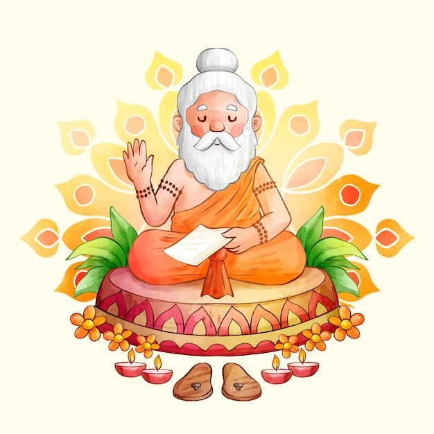 Premium Vector | Watercolor guru purnima illustration with older monk