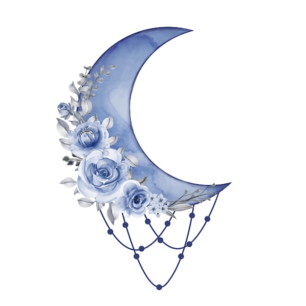 Watercolor half moon in blue shade with flower