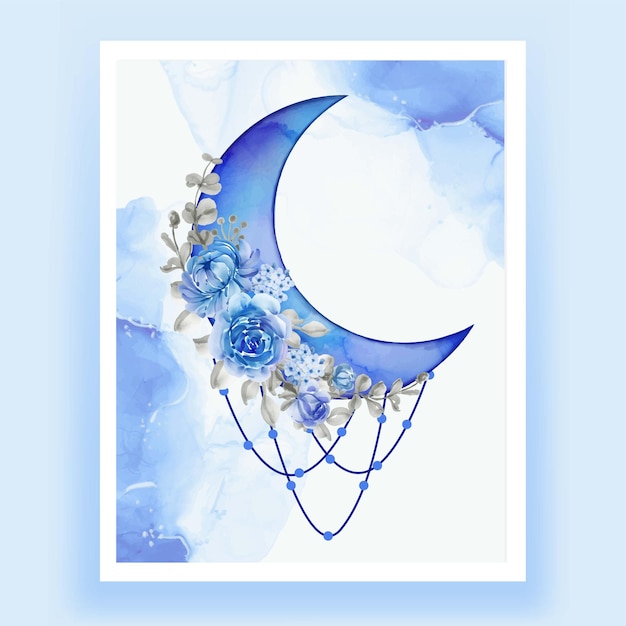 Vector watercolor half moon with blue flower