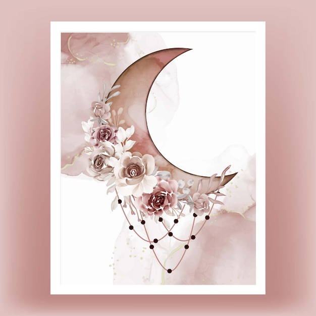 Watercolor half moon with brown terracotta flower