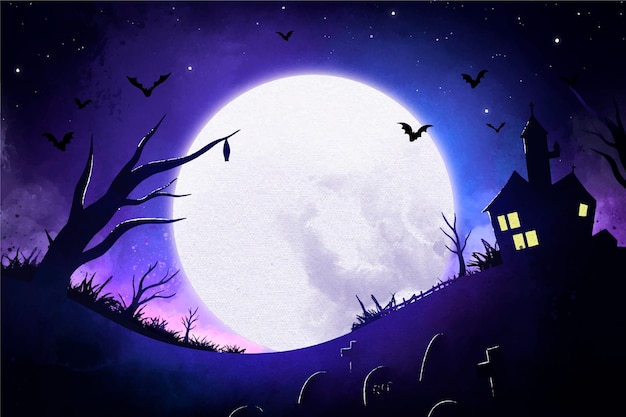 Акварельный фон хэллоуина с луной и домом с привидениями