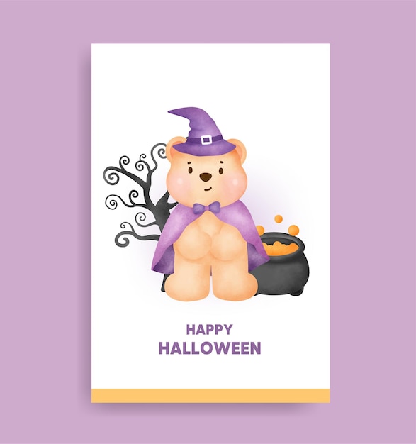 Orso di halloween dell'acquerello che tiene la carta della zucca