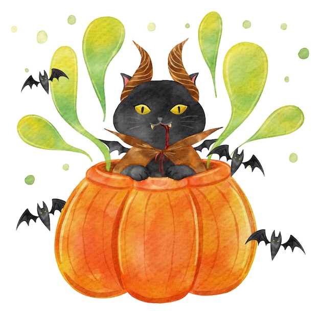 Vector watercolor halloween cat illustration