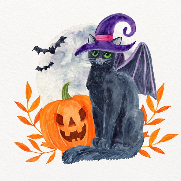 Illustrazione dell'acquerello del gatto di halloween