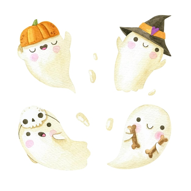 Vector watercolor halloween ghosts collection