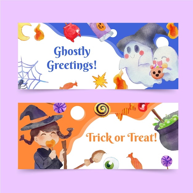 Watercolor halloween horizontal banners set