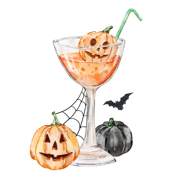 Watercolor halloween illustration of cocktail with pumpkins