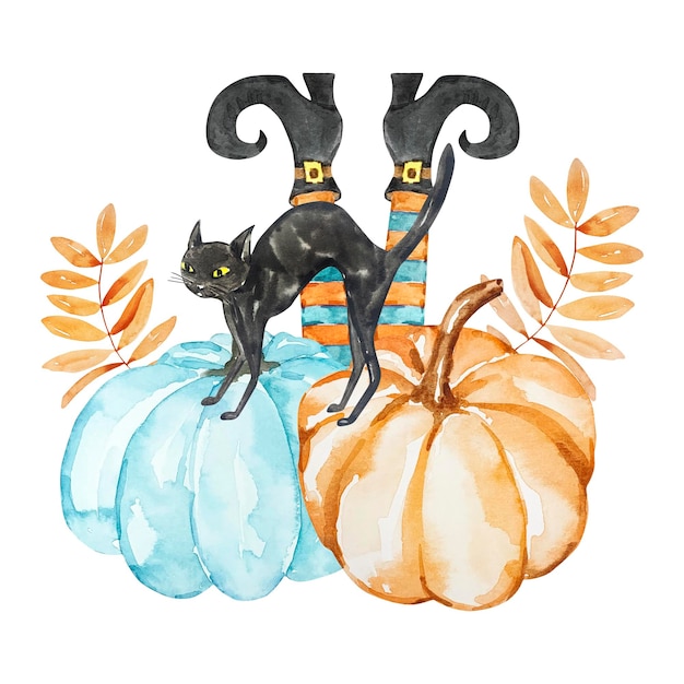 Watercolor Halloween illustration of pumpkin witch feet and black cat