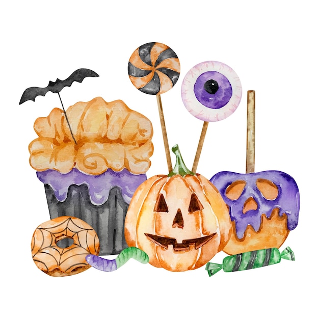 Watercolor halloween illustration of spooky cupcake pumpkin and candy