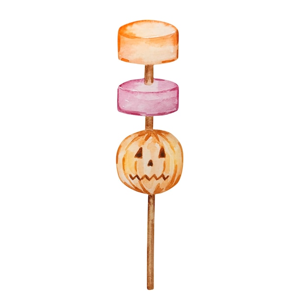 Vector watercolor halloween marshmallow with pumpkin on a stick