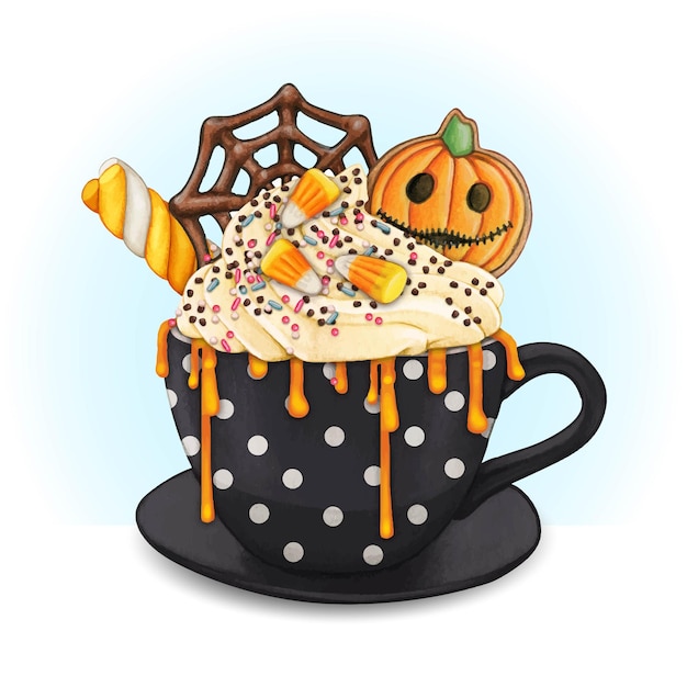 Vector watercolor halloween pumpkin spice cup