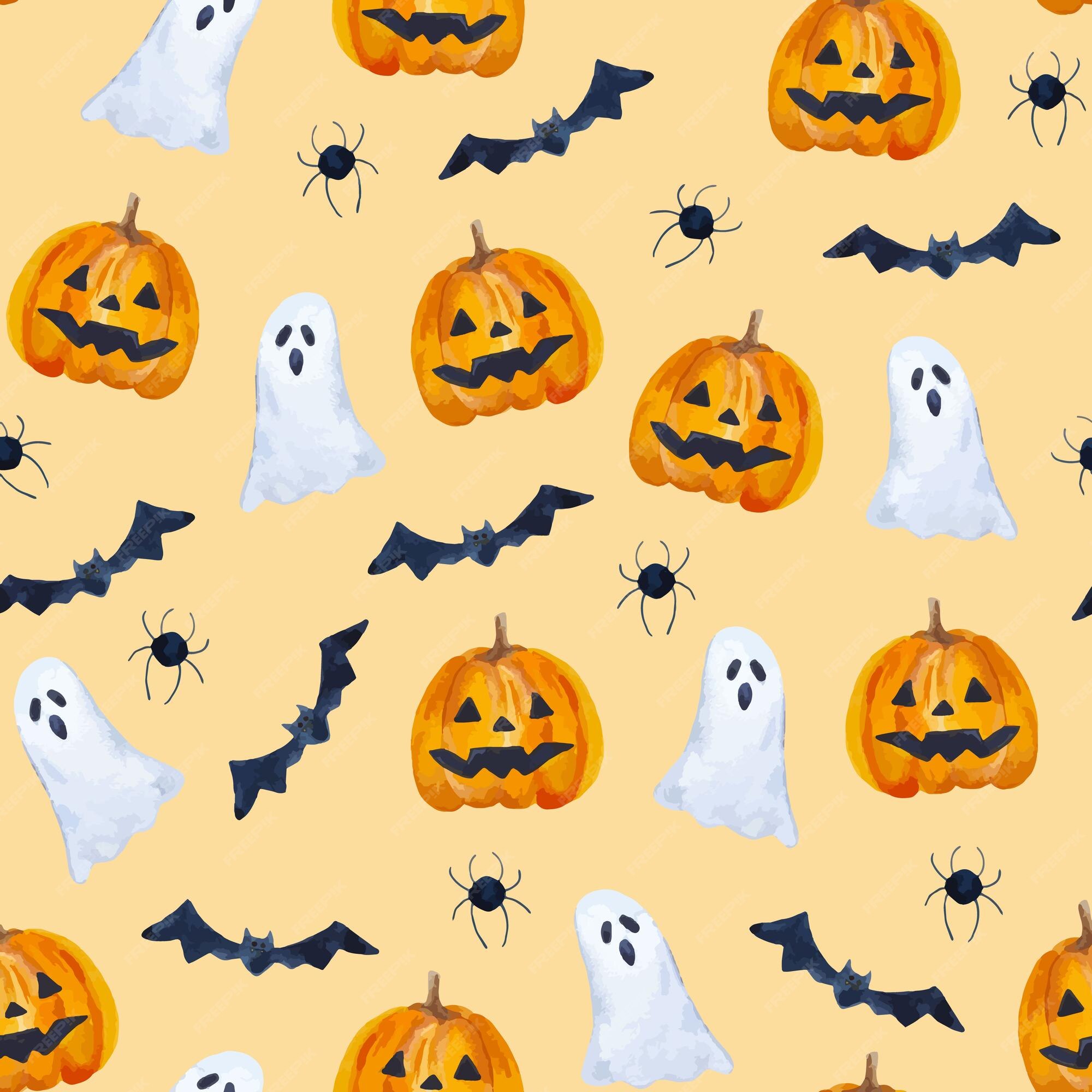 Watercolor hand drawn Halloween seamless pattern, Scary Party