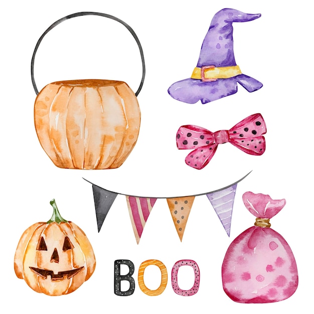 Watercolor Halloween set bucket for candy and party