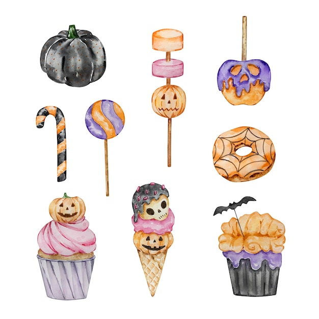 Watercolor Halloween set of spooky cupcakes and candies