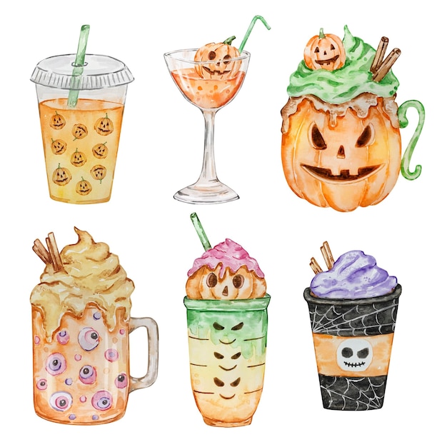 Watercolor Halloween set spooky drinks and coffee