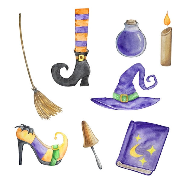 Watercolor halloween set of witch hat broom spell book and shoe