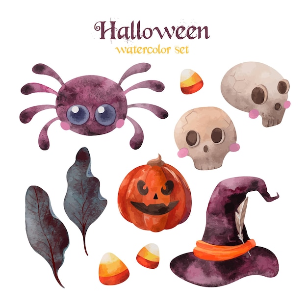 Watercolor halloween set with cute spider skulls orange and blue pumpkins candy and witch hat