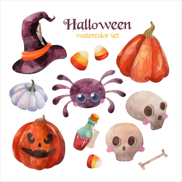 Акварельный набор на Хэллоуин с милыми черепами паука, оранжевыми и синими тыквами, конфетами и шляпой ведьмы