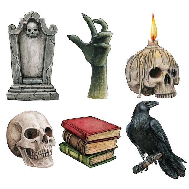 Vector watercolor halloween spooky gothic icon set