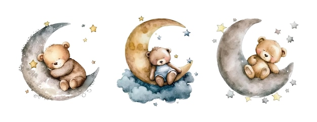 Watercolor hand draw illustration brown teddy bear   sleeping on the moon