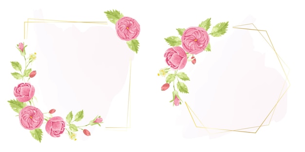 Watercolor hand draw pink english rose wreath with geometric golden frame collection