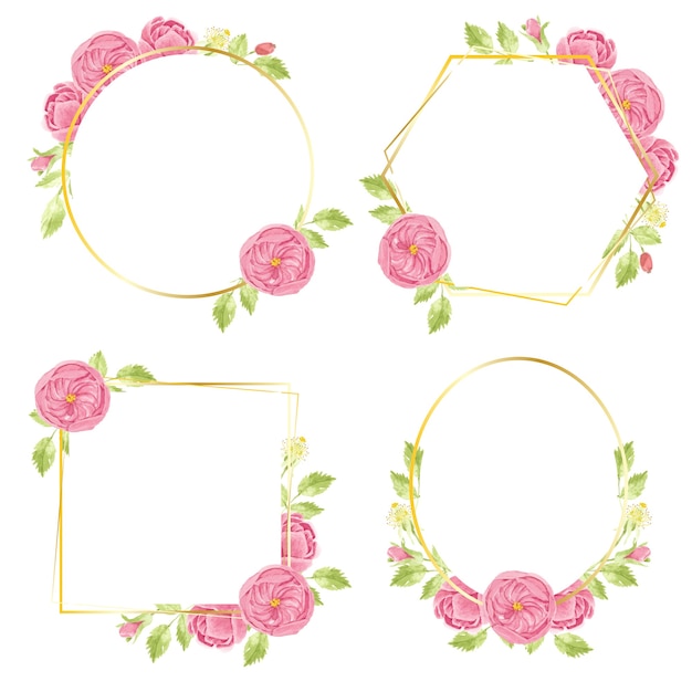 Watercolor hand draw pink english rose wreath with geometric golden frame collection