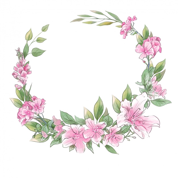 Watercolor hand drawing wreath of spring delicate flowers