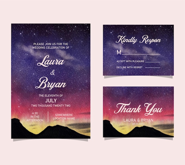 Vector watercolor hand drawn aurora night sky wedding invitation