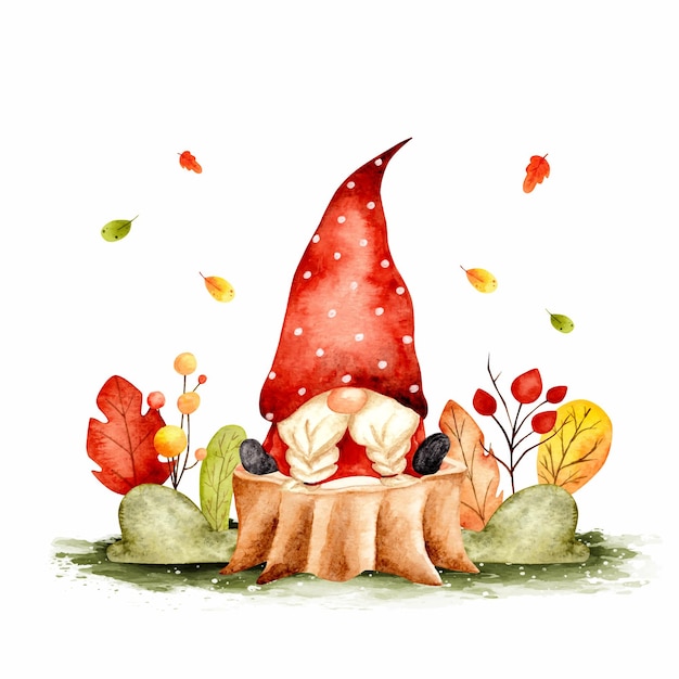 Watercolor hand drawn autumn garden gnome