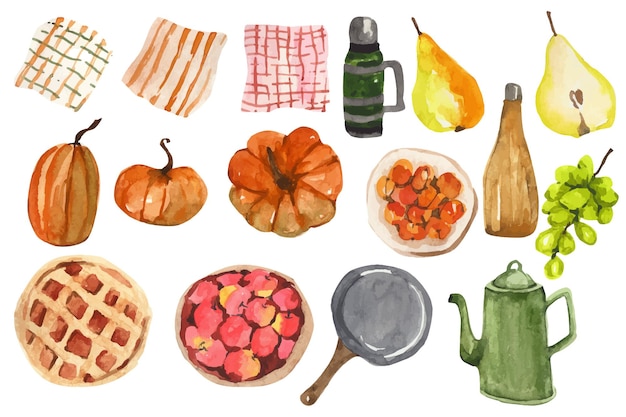 Set di cibo da picnic autunnale disegnato a mano dell'acquerello clipart autunnale