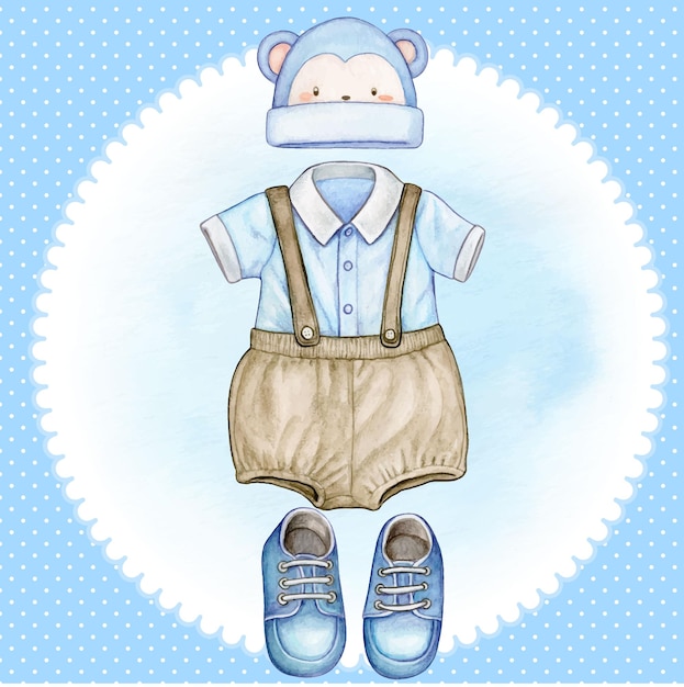 Watercolor hand drawn baby boy outfit