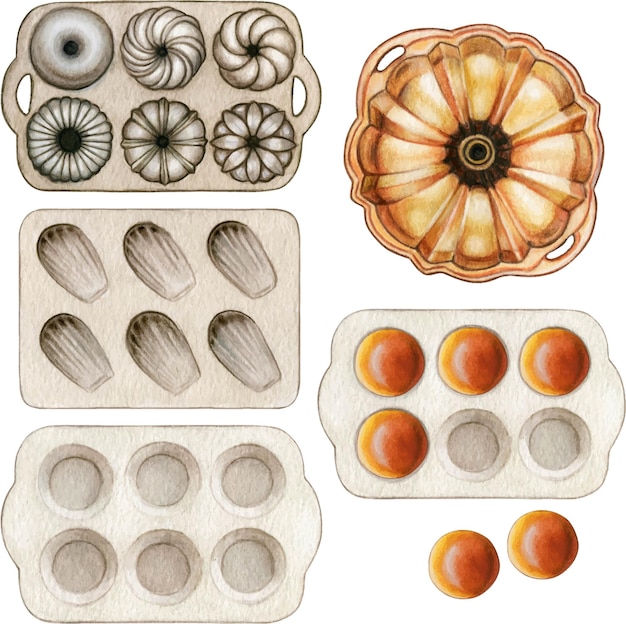 Vector watercolor hand drawn bakery molds