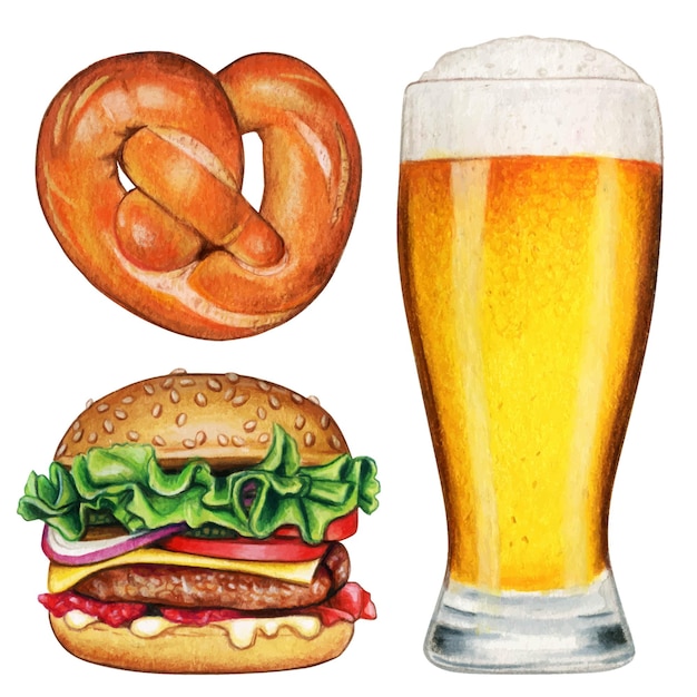 Watercolor hand drawn beer glass bretzel and hamburger