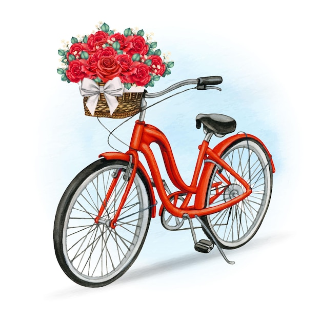 장미가 가득한 바구니가 있는 수채화 손으로 그린 자전거