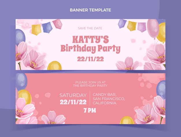 Vector watercolor hand drawn birthday banners horizontal