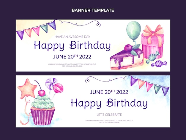 Vector watercolor hand drawn birthday horizontal banners