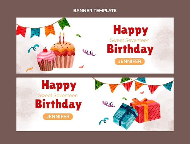 Vector watercolor hand drawn birthday horizontal banners