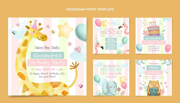 Vector watercolor hand drawn birthday instagram post