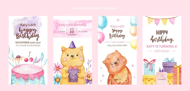 Vector watercolor hand drawn birthday instagram stories