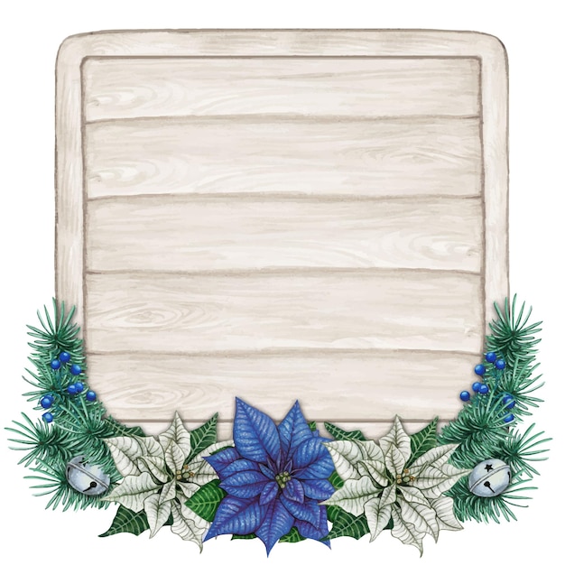 Vector watercolor hand drawn blue poinsettia text space on shabby wooden sign