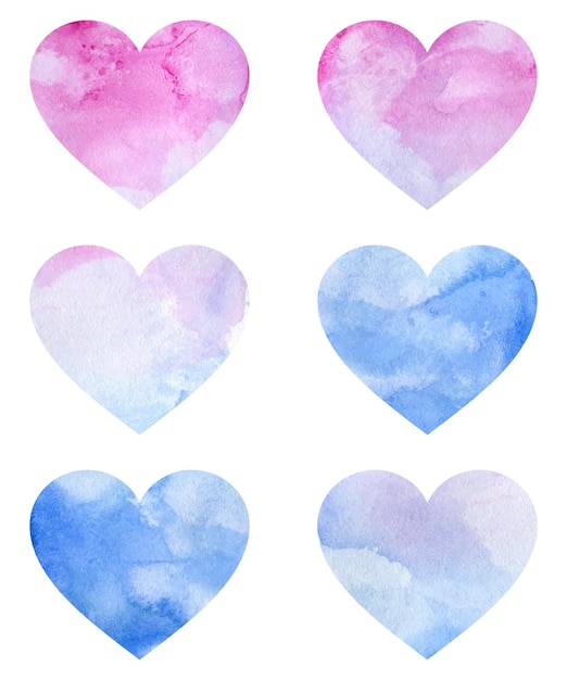 Vector watercolor hand drawn blue and purple hearts bundle