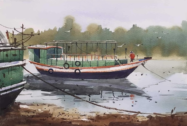 水彩画手描きボートと川の上の男イラスト