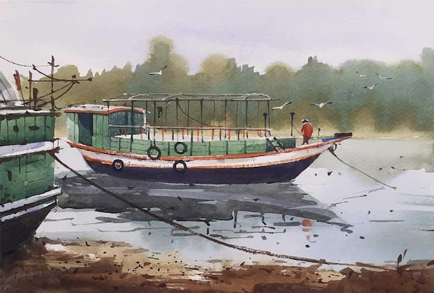 Watercolor hand drawn  boats  and man on the river illustration