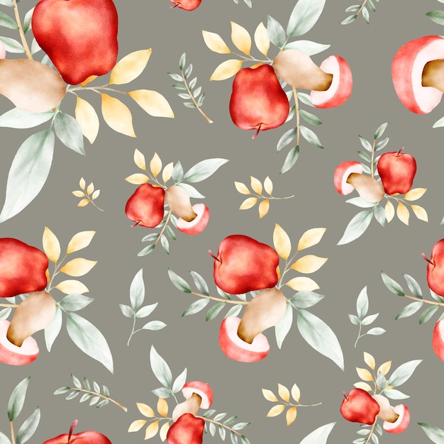 watercolor hand drawn botanical apple and floral seamless pattern